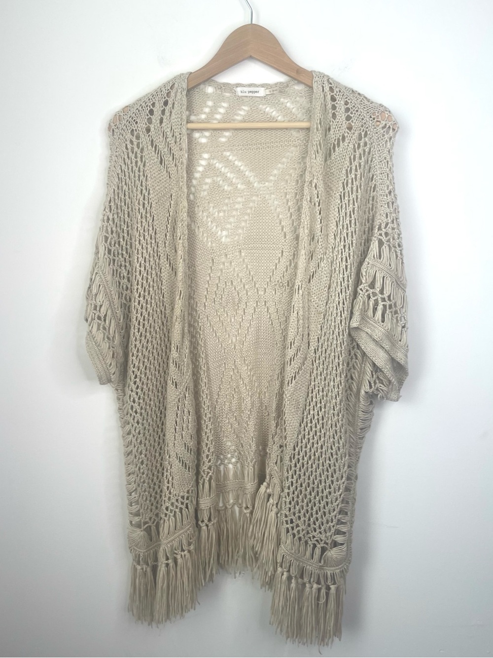 Blu Pepper Beige Open-Knit Poncho with Tassels size small